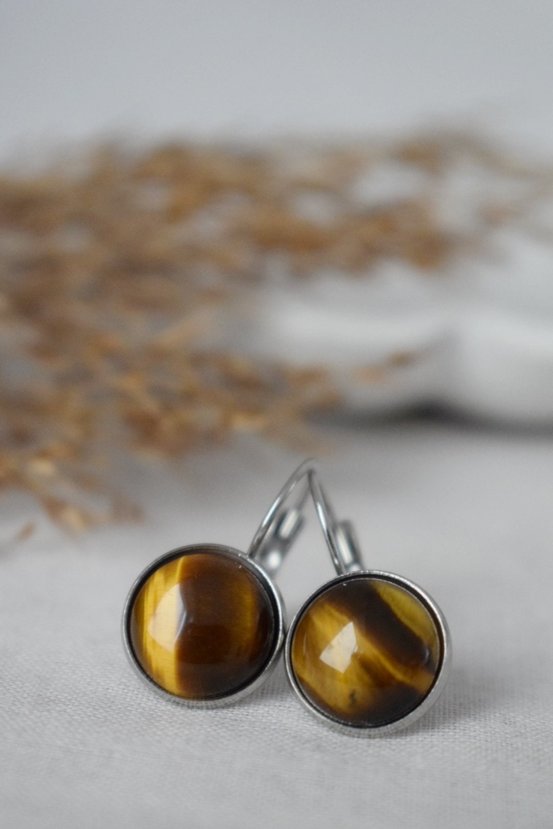 Tigerauge-Ohrhänger mit 12 mm runden Edelstahl-Ohrringen mit Hebelverschluss, Edelstein-Schmuckgeschenk für sie, Bestes Muttertagsgeschenk