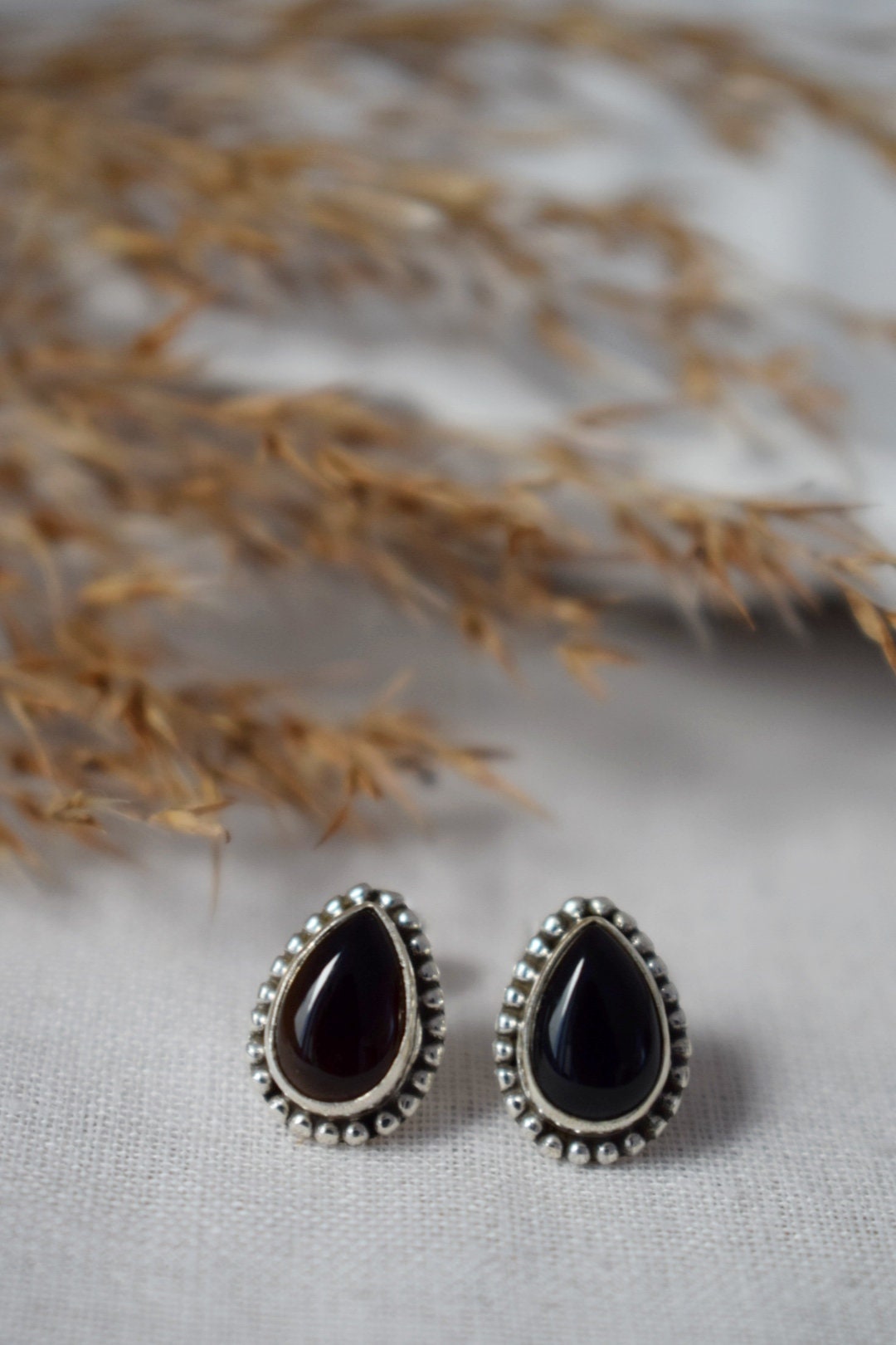 Muttertagsgeschenke, Boho Schwarze Onyx Ohrstecker, Tropfen Naturstein Sterling Silber Handgefertigter Schmuck, Ornament Edelstein Gothic Ohrstecker