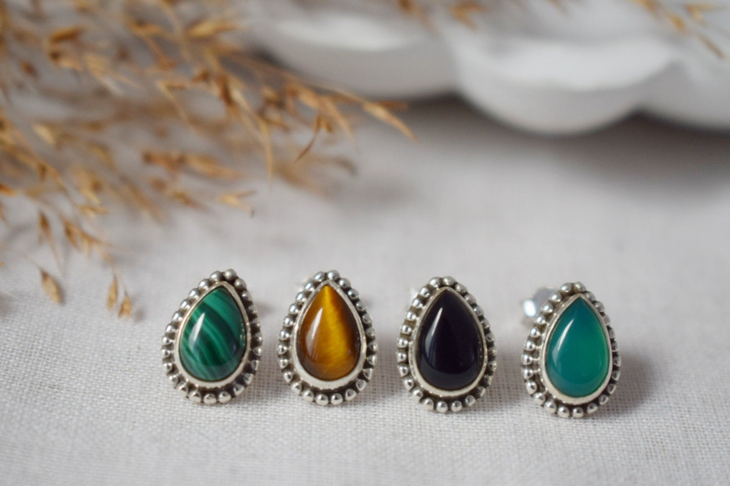 Muttertagsgeschenke, Boho Schwarze Onyx Ohrstecker, Tropfen Naturstein Sterling Silber Handgefertigter Schmuck, Ornament Edelstein Gothic Ohrstecker