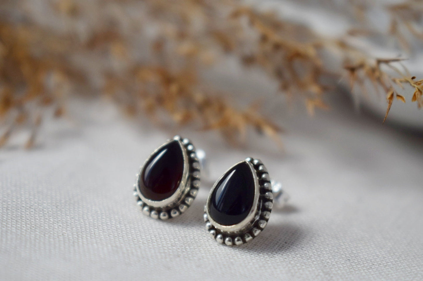 Muttertagsgeschenke, Boho Schwarze Onyx Ohrstecker, Tropfen Naturstein Sterling Silber Handgefertigter Schmuck, Ornament Edelstein Gothic Ohrstecker