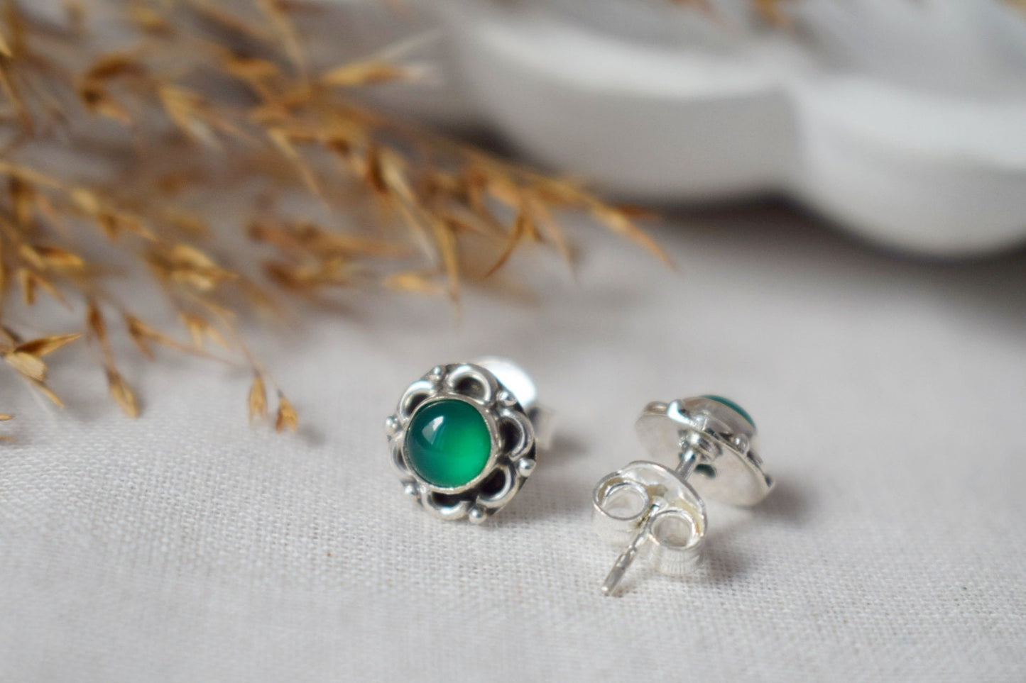 Mother's Day Gifts, Green Onyx Stud Earrings, Gemstone Sterling Silver Minimalist Jewelry, Flower Small Birthstone Push Back Earrings