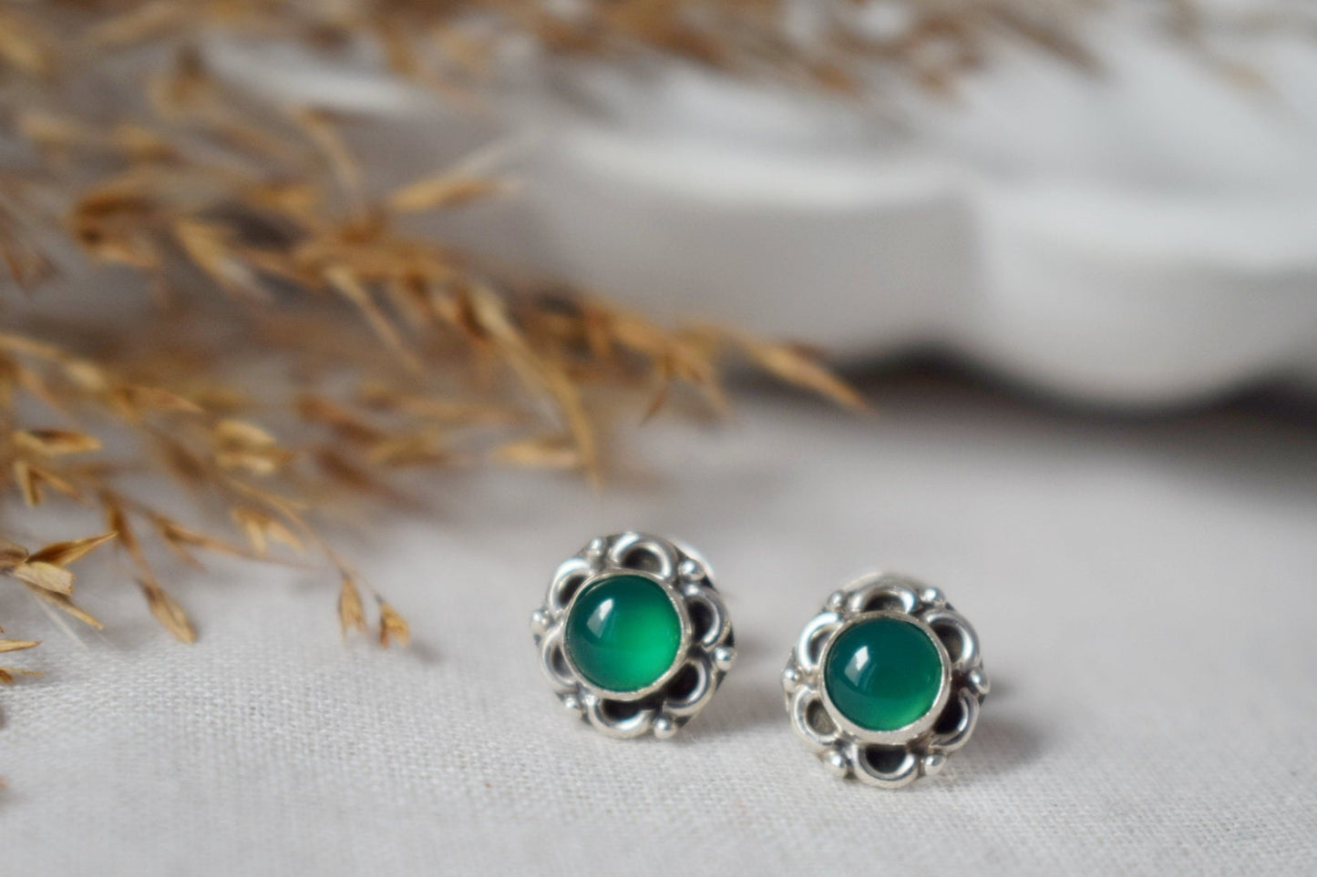 Mother's Day Gifts, Green Onyx Stud Earrings, Gemstone Sterling Silver Minimalist Jewelry, Flower Small Birthstone Push Back Earrings