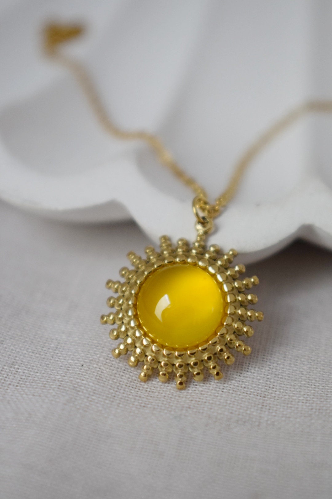 Yellow Agate Necklace: 14k Gold Plated Sun Pendant