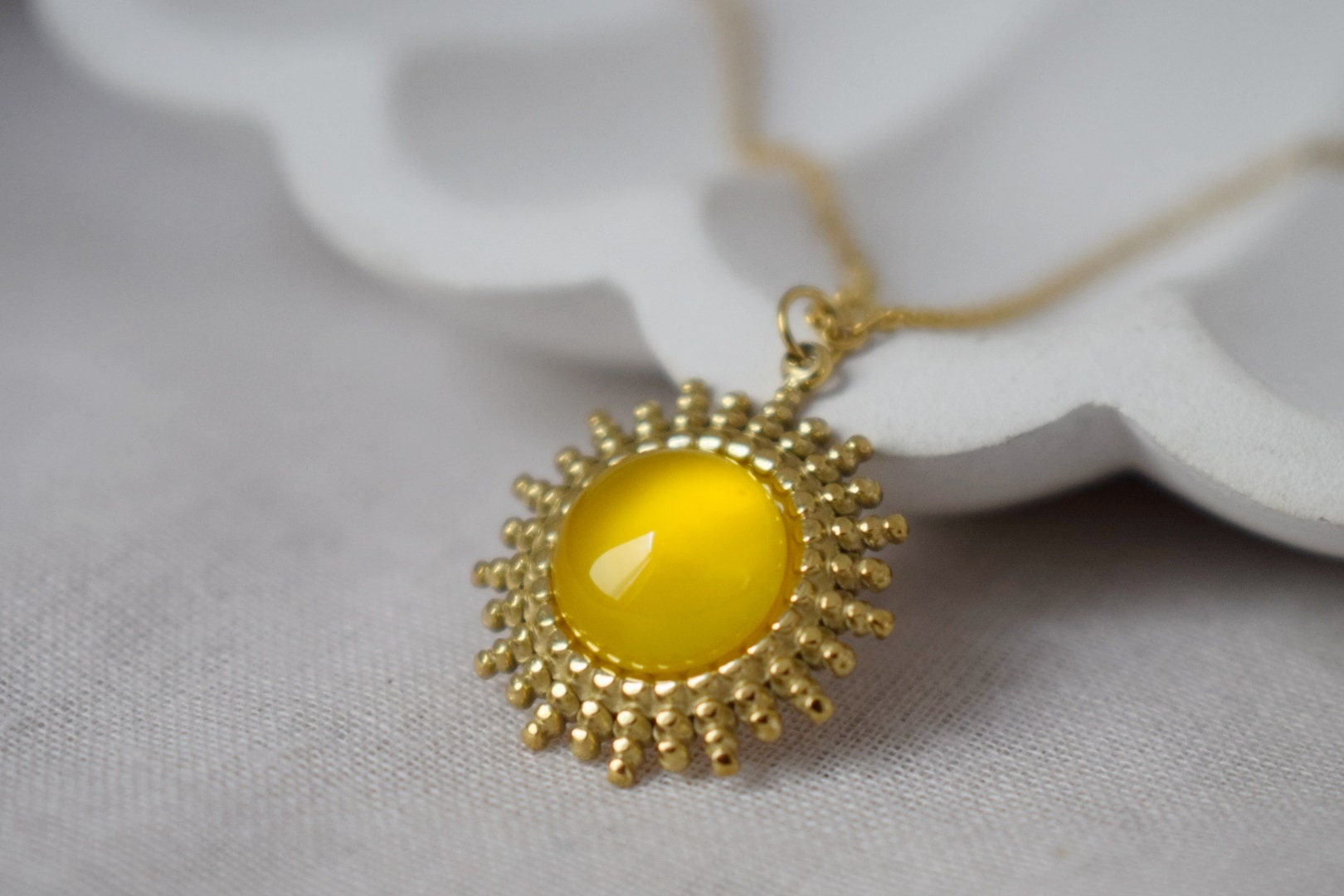 Yellow Agate Necklace: 14k Gold Plated Sun Pendant