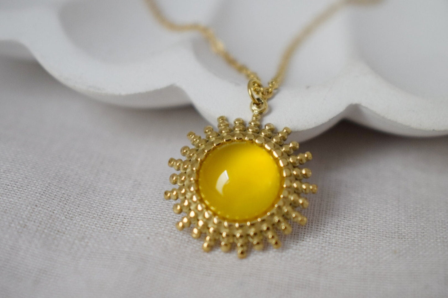 Yellow Agate Necklace: 14k Gold Plated Sun Pendant