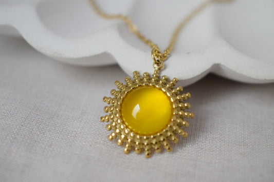 Yellow Agate Necklace: 14k Gold Plated Sun Pendant