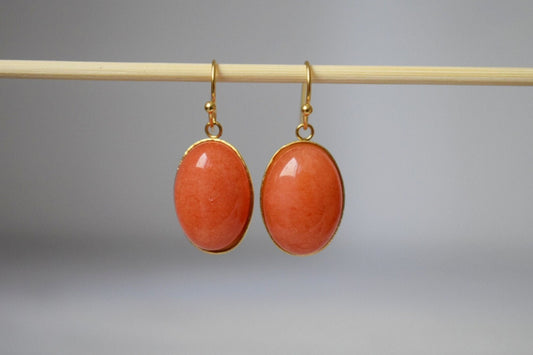 Orange Jade Dangle Earrings: Gold Plated Oval Gemstone Pendant Jewelry
