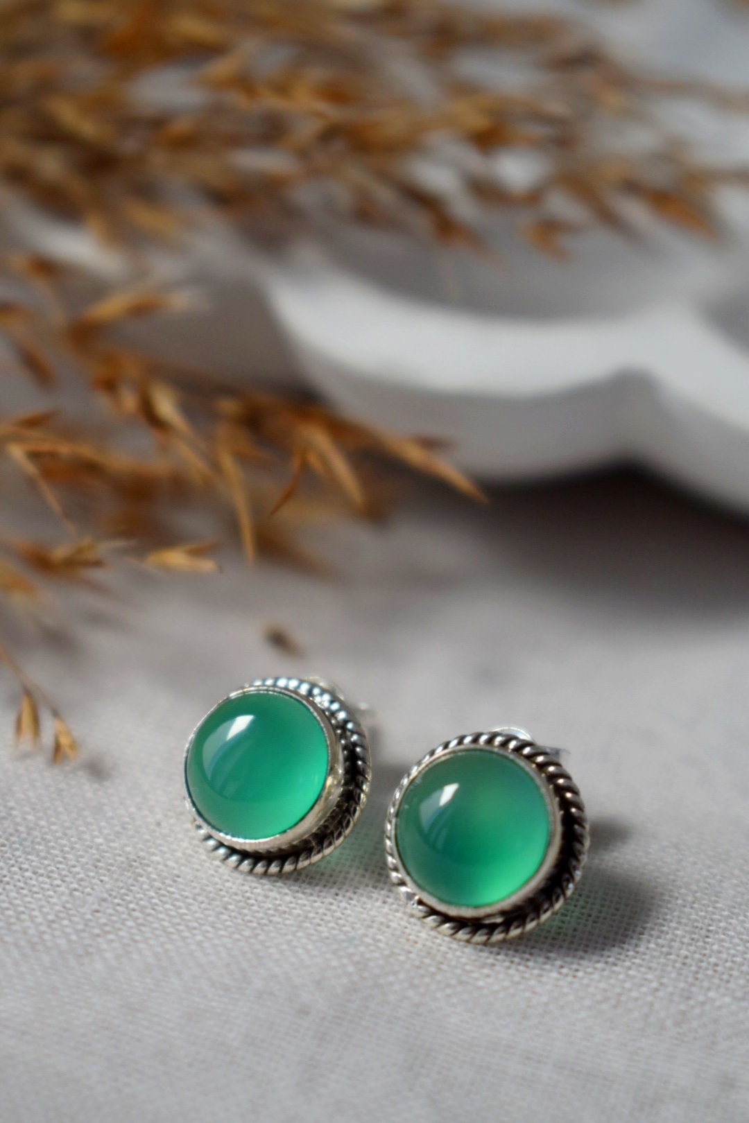 Green Onyx Stud Earrings, Sterling Silver Natural Gemstone Jewelry, Gift for her