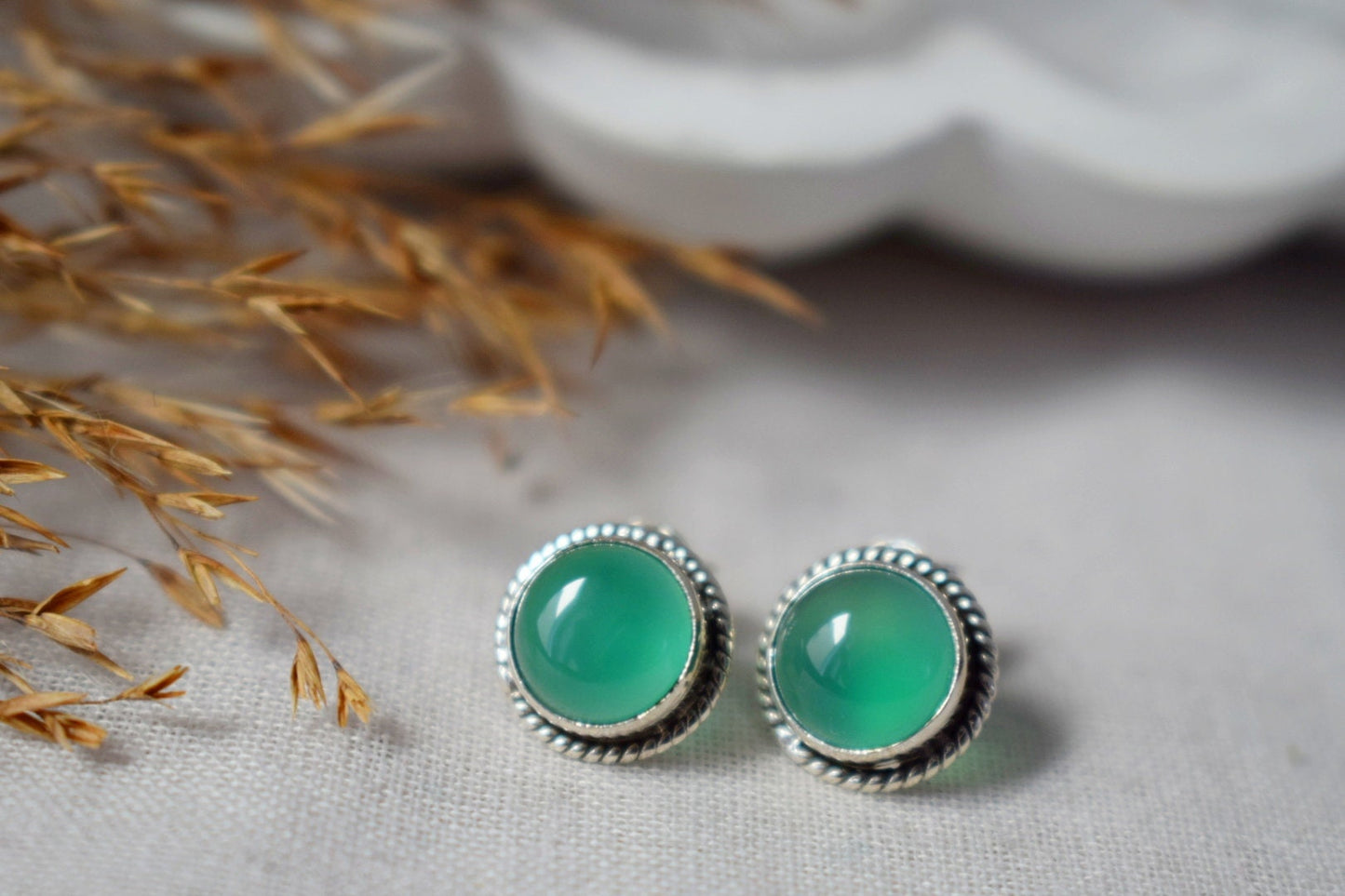 Green Onyx Stud Earrings, Sterling Silver Natural Gemstone Jewelry, Gift for her