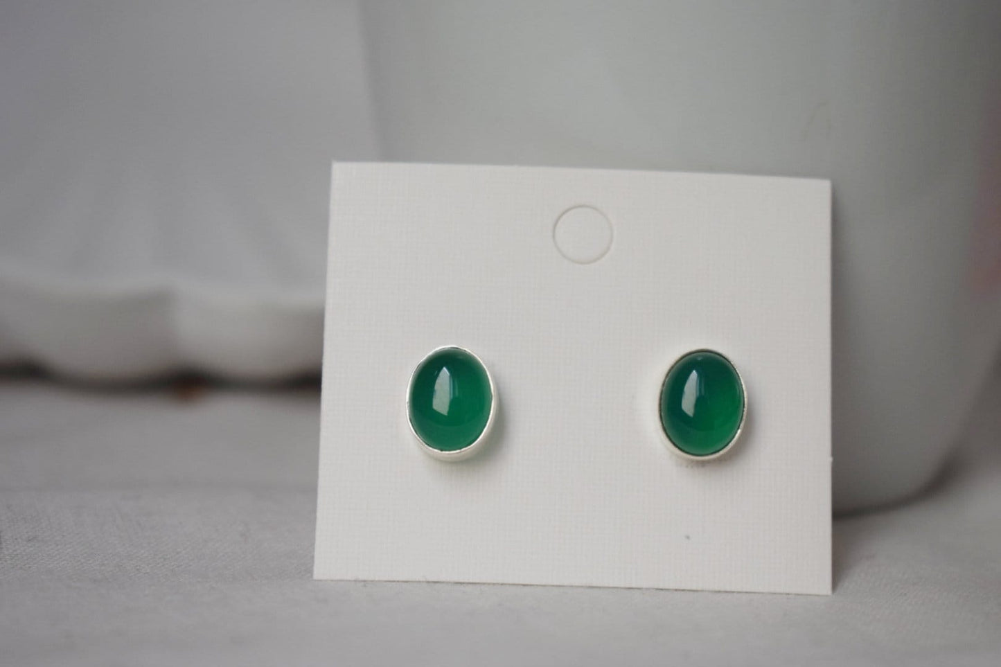 Green Onyx Stud Earrings Sterling Silver, Small Oval Gemstone Push Back Earrings, Birthstone 925 Silver Jewelry, Best valentine's day gift