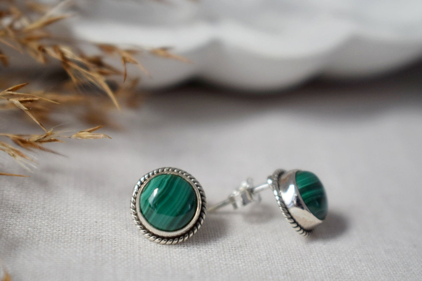 Malachite Stud Earrings: 925 Sterling Silver Earrings, Green Gemstone Earrings, Minimalist Jewellery, Gift For Her