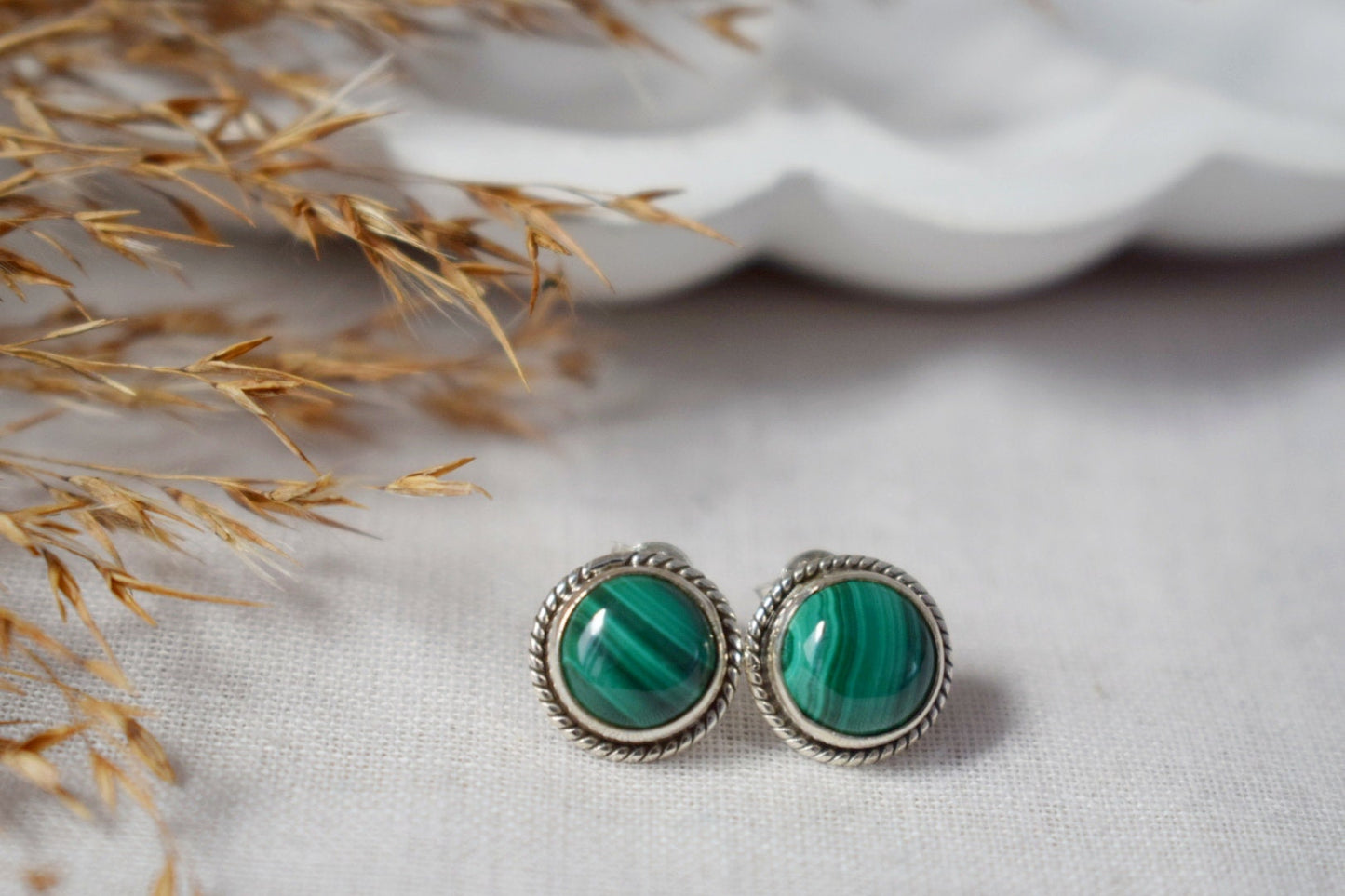 Malachite Stud Earrings: 925 Sterling Silver Earrings, Green Gemstone Earrings, Minimalist Jewellery, Gift For Her