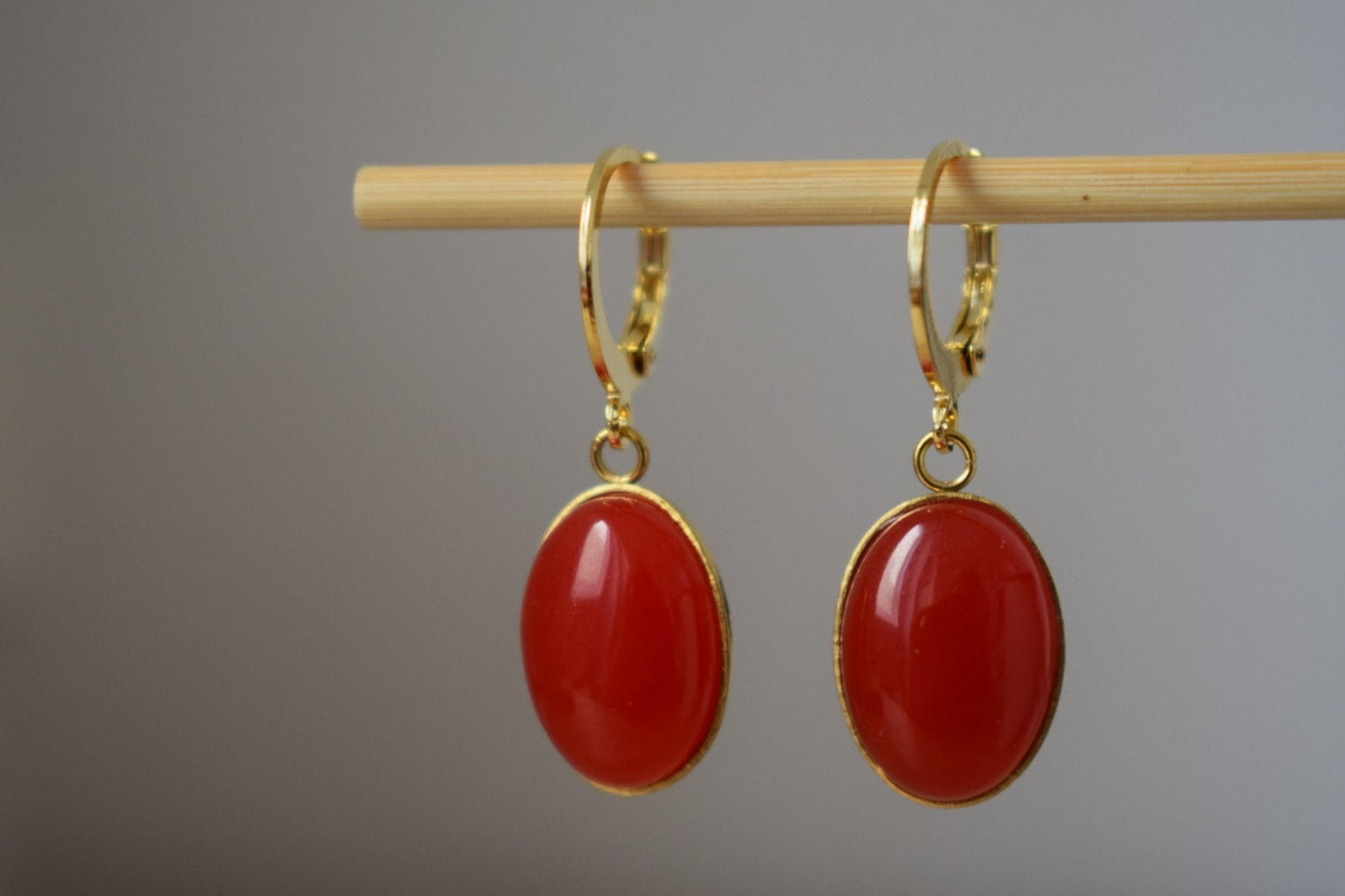 Red Jade Dangle Earrings: Gold Plated Huggie Oval Gemstone Earrings