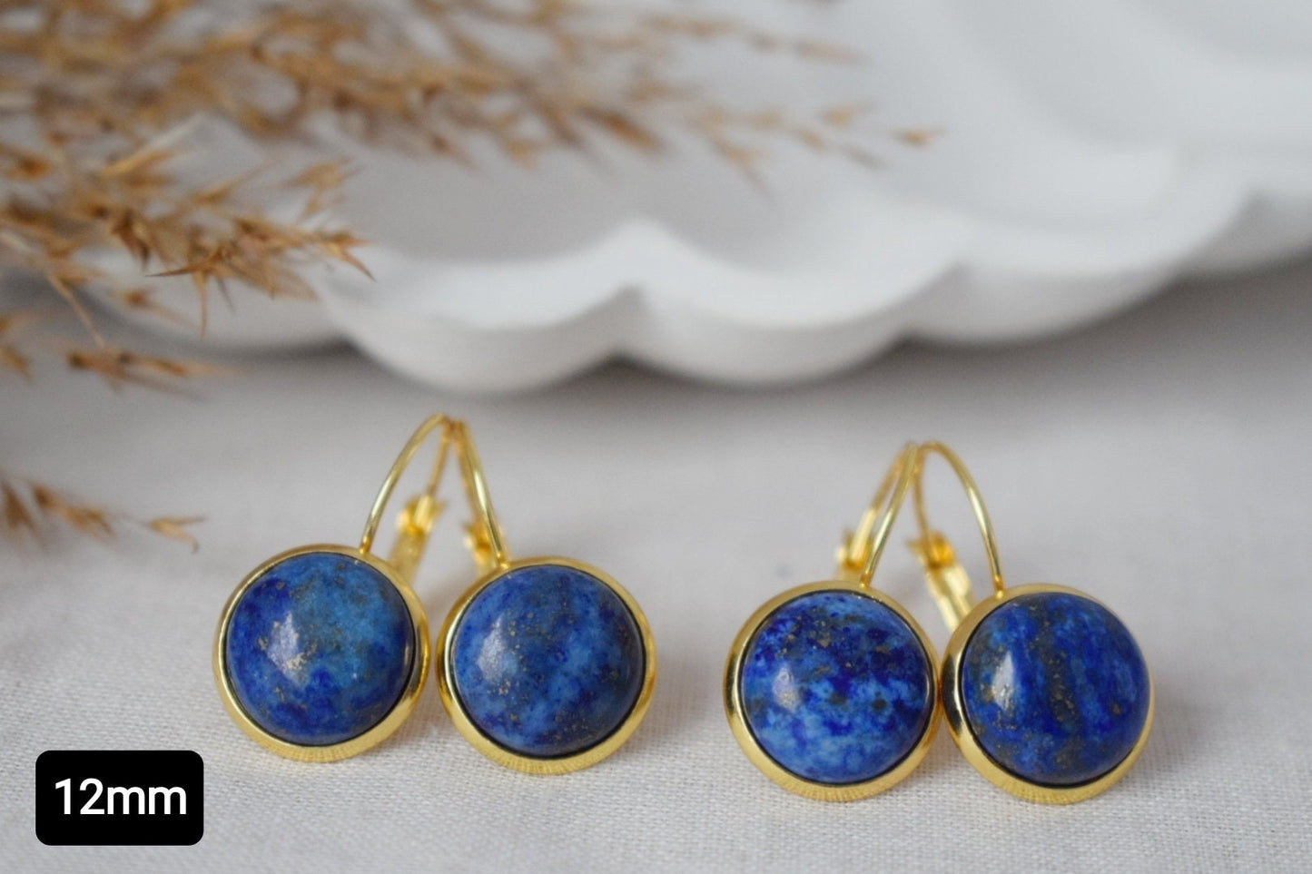Lapislazuli-Goldohrringe, Blaue Lapisohrringe, Lever-Back-Ohrringe, rund, 12 mm, September-Geburtsstein-Schmuck, Lapis, Geschenk für Sie