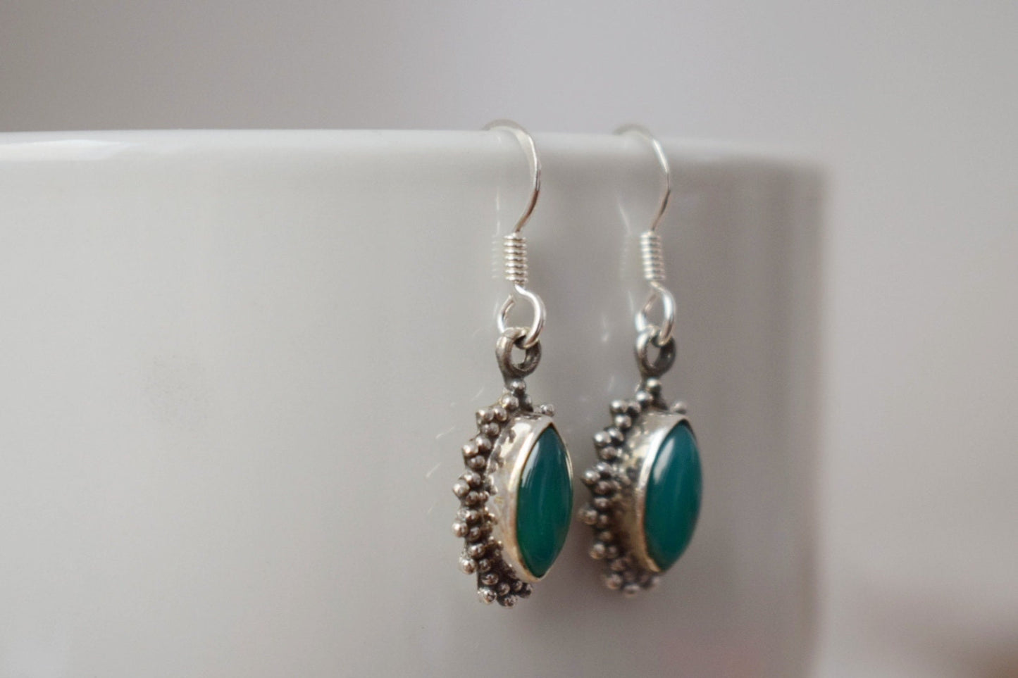 Green onyx earrings in sterling silver, Handmade gemstone dangle earrings, Boho earrings, Delicate natural green onyx earrings, Gift jewelry
