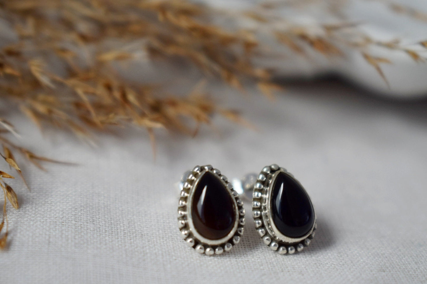Muttertagsgeschenke, Boho Schwarze Onyx Ohrstecker, Tropfen Naturstein Sterling Silber Handgefertigter Schmuck, Ornament Edelstein Gothic Ohrstecker