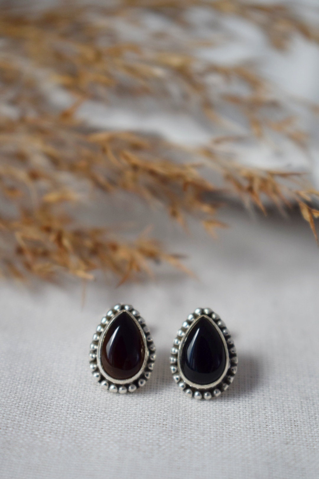 Muttertagsgeschenke, Boho Schwarze Onyx Ohrstecker, Tropfen Naturstein Sterling Silber Handgefertigter Schmuck, Ornament Edelstein Gothic Ohrstecker