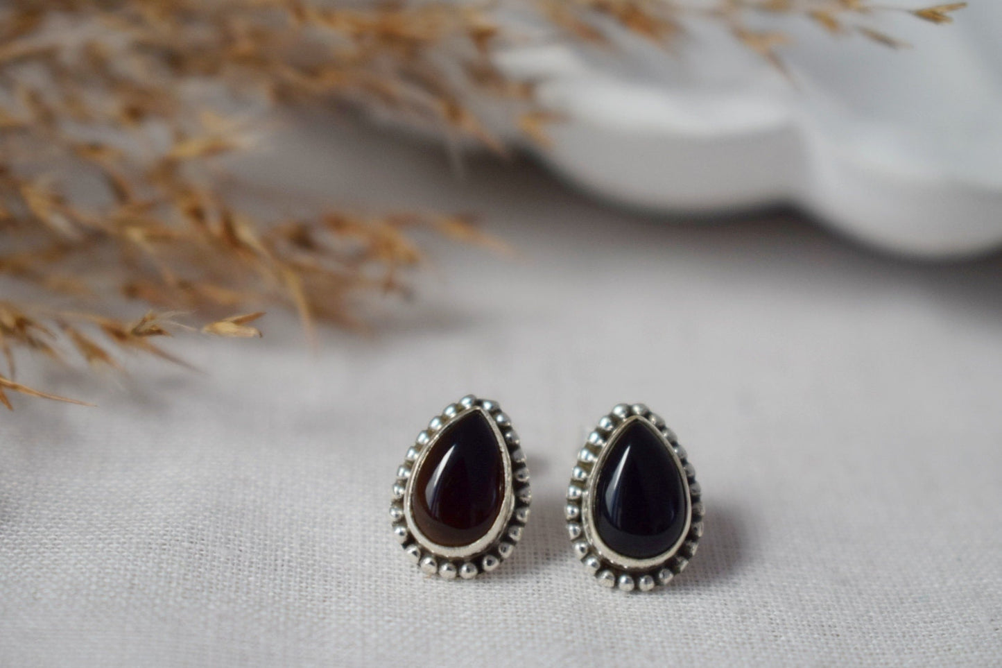 Muttertagsgeschenke, Boho Schwarze Onyx Ohrstecker, Tropfen Naturstein Sterling Silber Handgefertigter Schmuck, Ornament Edelstein Gothic Ohrstecker