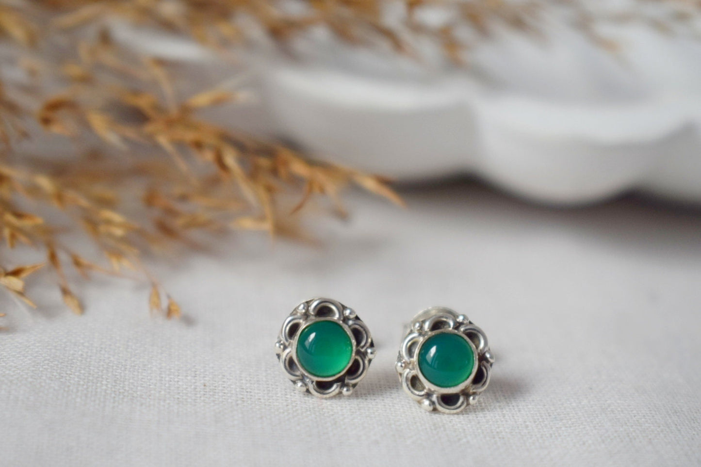 Mother's Day Gifts, Green Onyx Stud Earrings, Gemstone Sterling Silver Minimalist Jewelry, Flower Small Birthstone Push Back Earrings