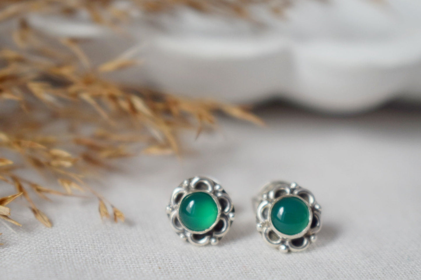 Mother's Day Gifts, Green Onyx Stud Earrings, Gemstone Sterling Silver Minimalist Jewelry, Flower Small Birthstone Push Back Earrings