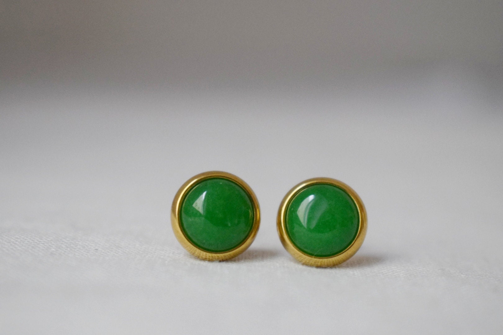 Green Jade Stud Earrings, Minimalist Gemstone Positive Jewelry