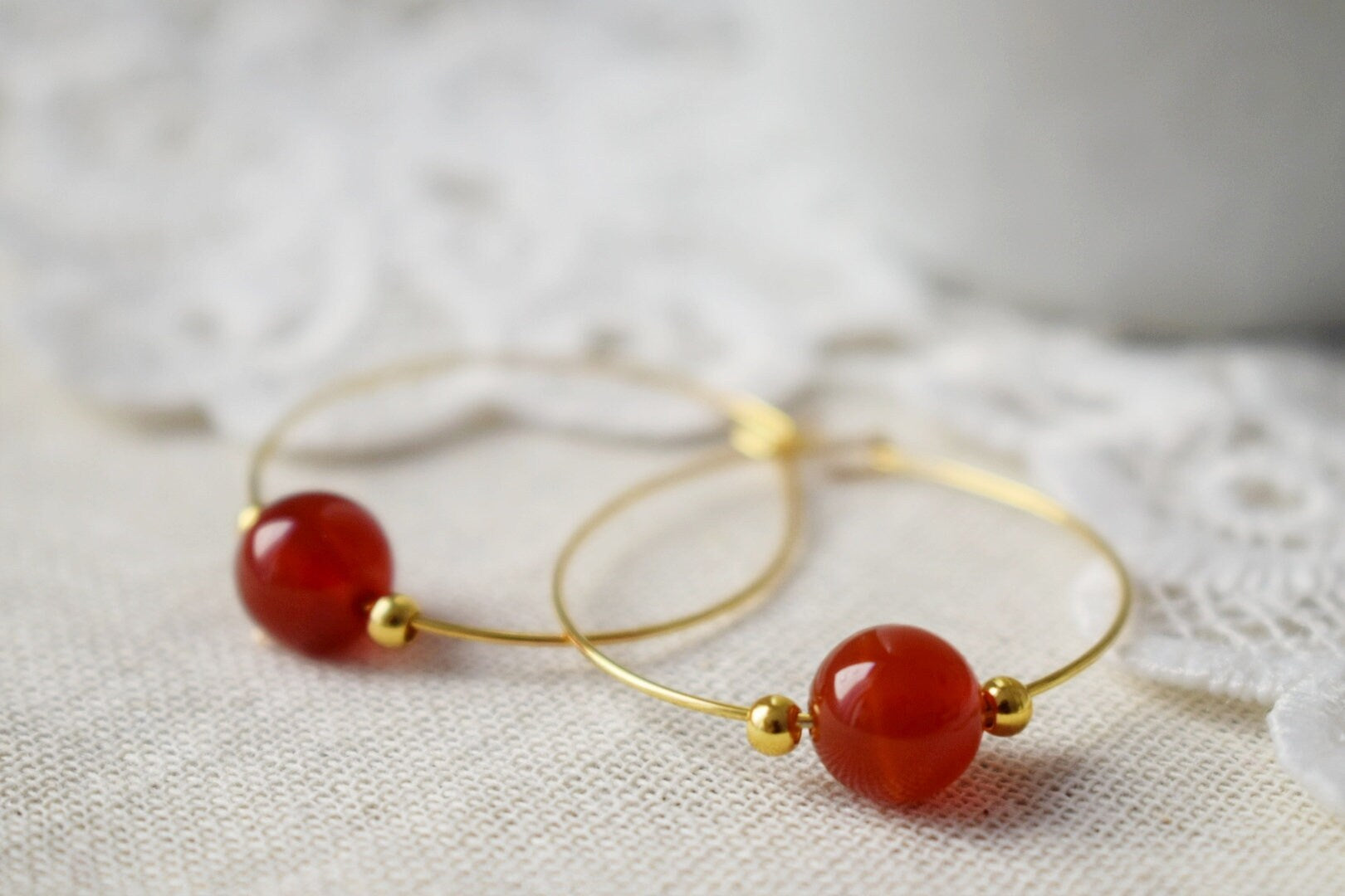 Carnelian Hoop Earrings, 18k Gold Plated Stainless Steel, Boho Style