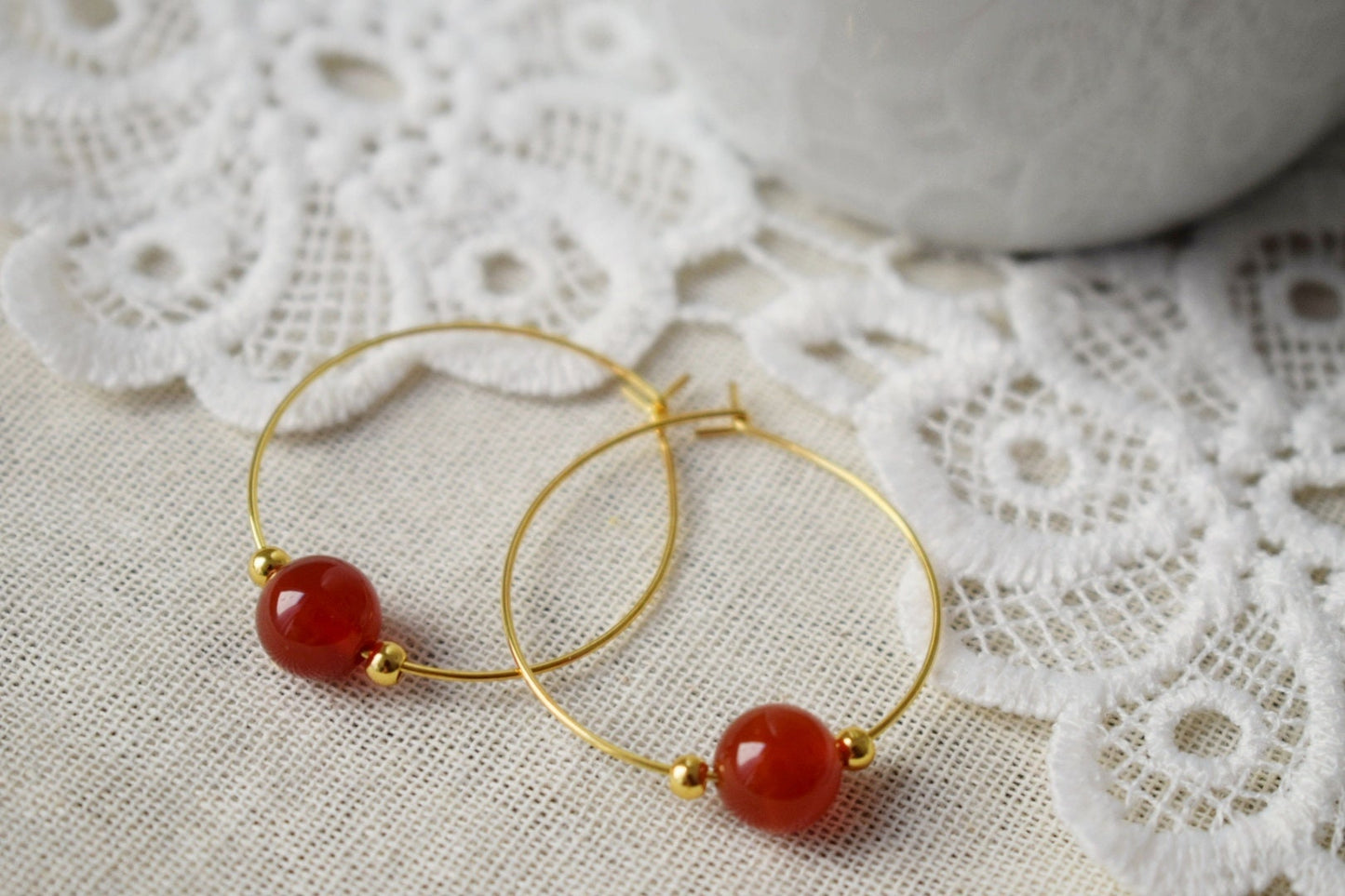 Carnelian Hoop Earrings, 18k Gold Plated Stainless Steel, Boho Style