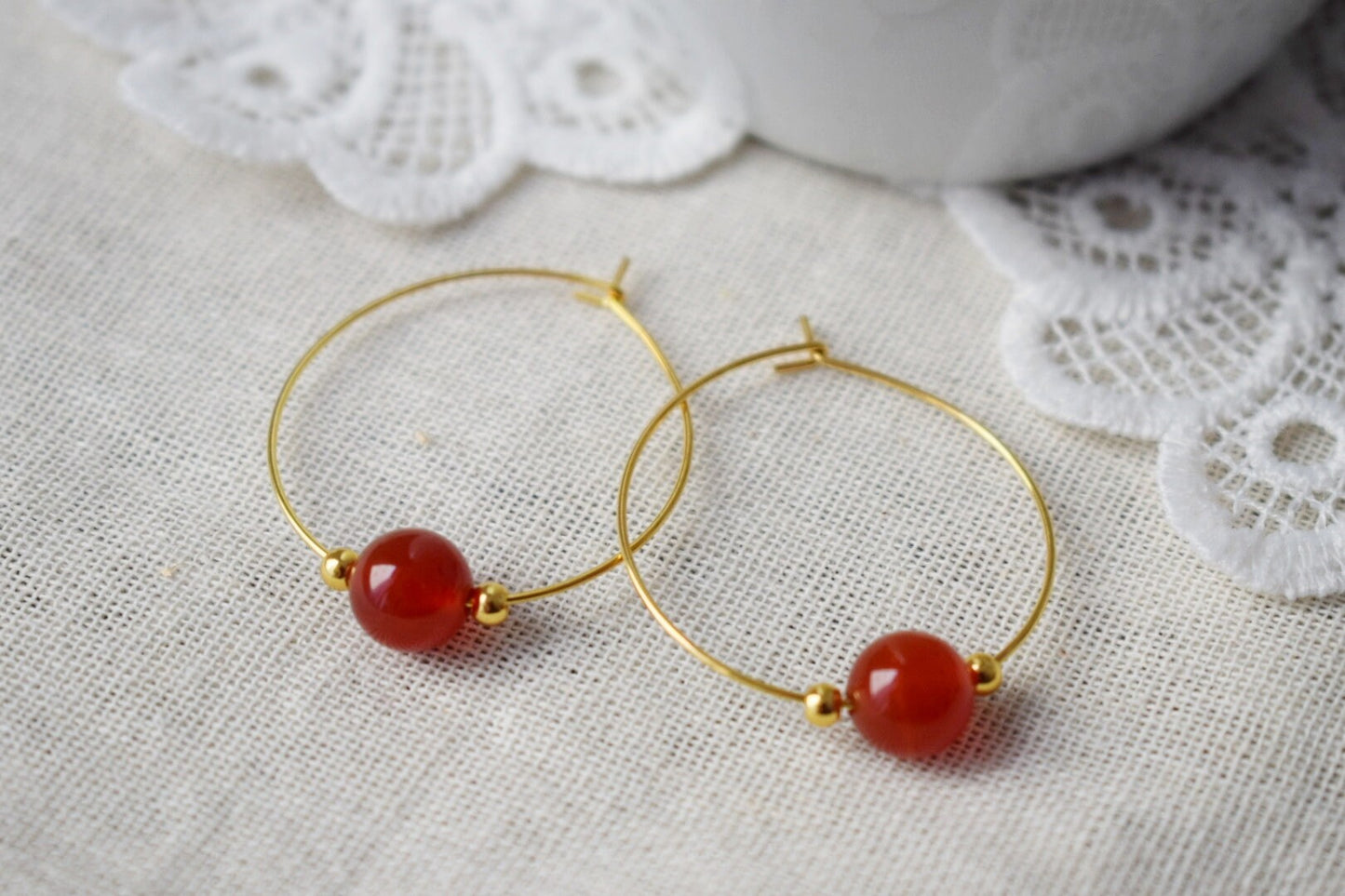 Carnelian Hoop Earrings, 18k Gold Plated Stainless Steel, Boho Style