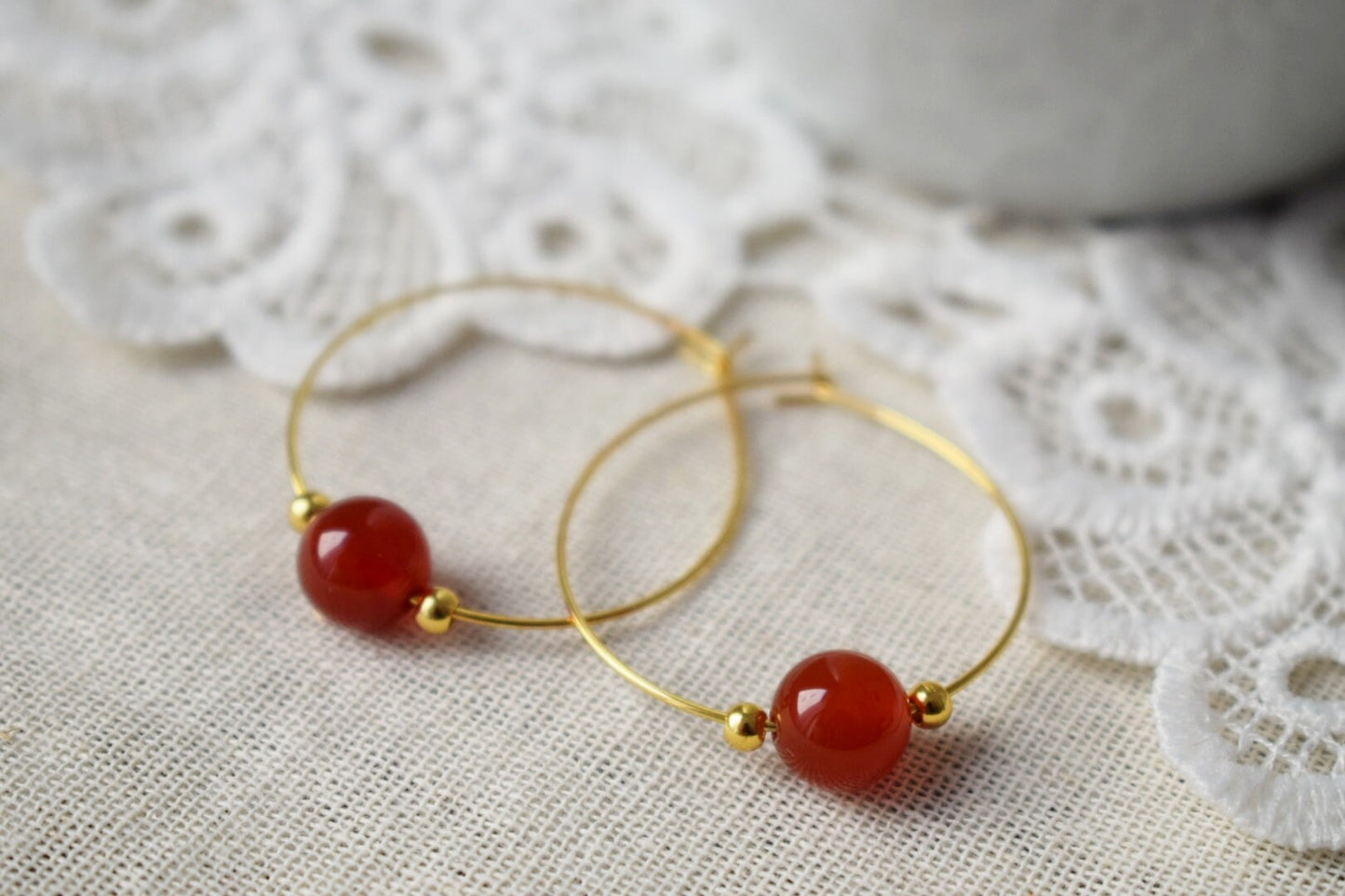 Carnelian Hoop Earrings, 18k Gold Plated Stainless Steel, Boho Style