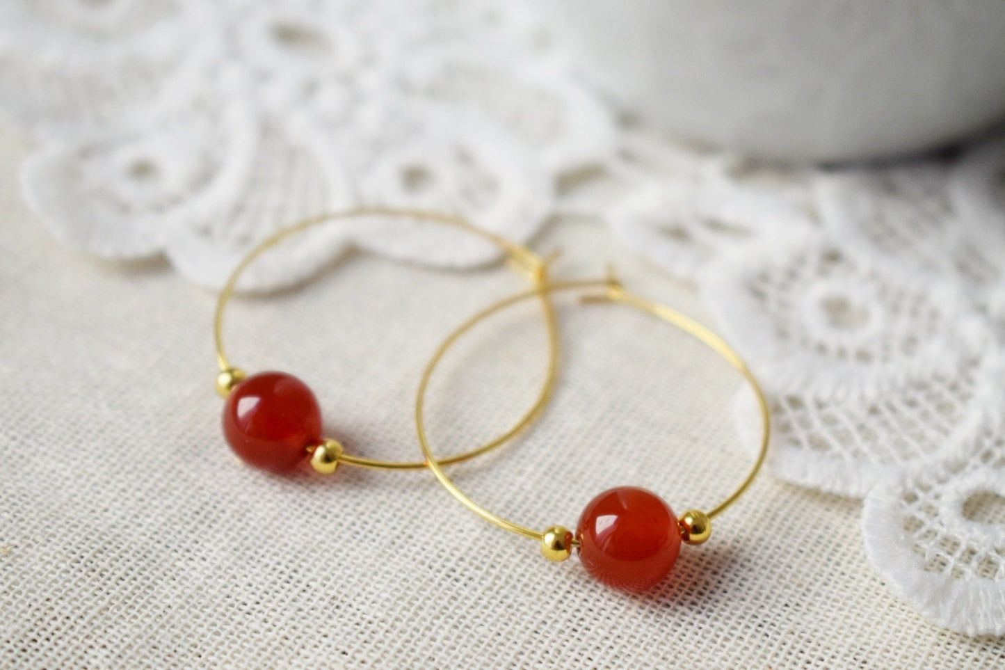 Carnelian Hoop Earrings, 18k Gold Plated Stainless Steel, Boho Style