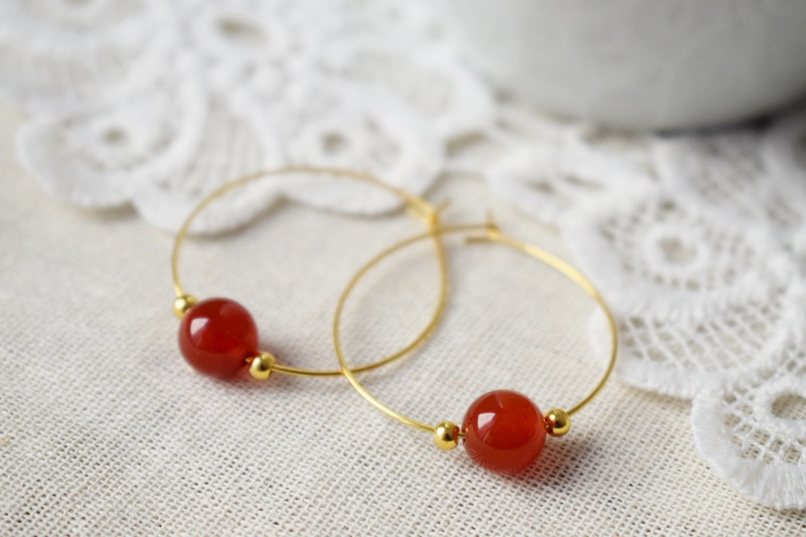 Carnelian Hoop Earrings, 18k Gold Plated Stainless Steel, Boho Style