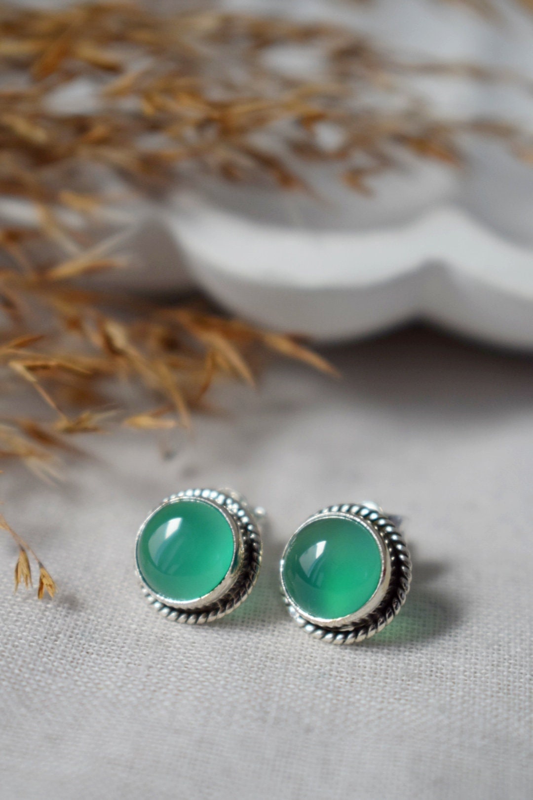 Green Onyx Stud Earrings, Sterling Silver Natural Gemstone Jewelry, Gift for her