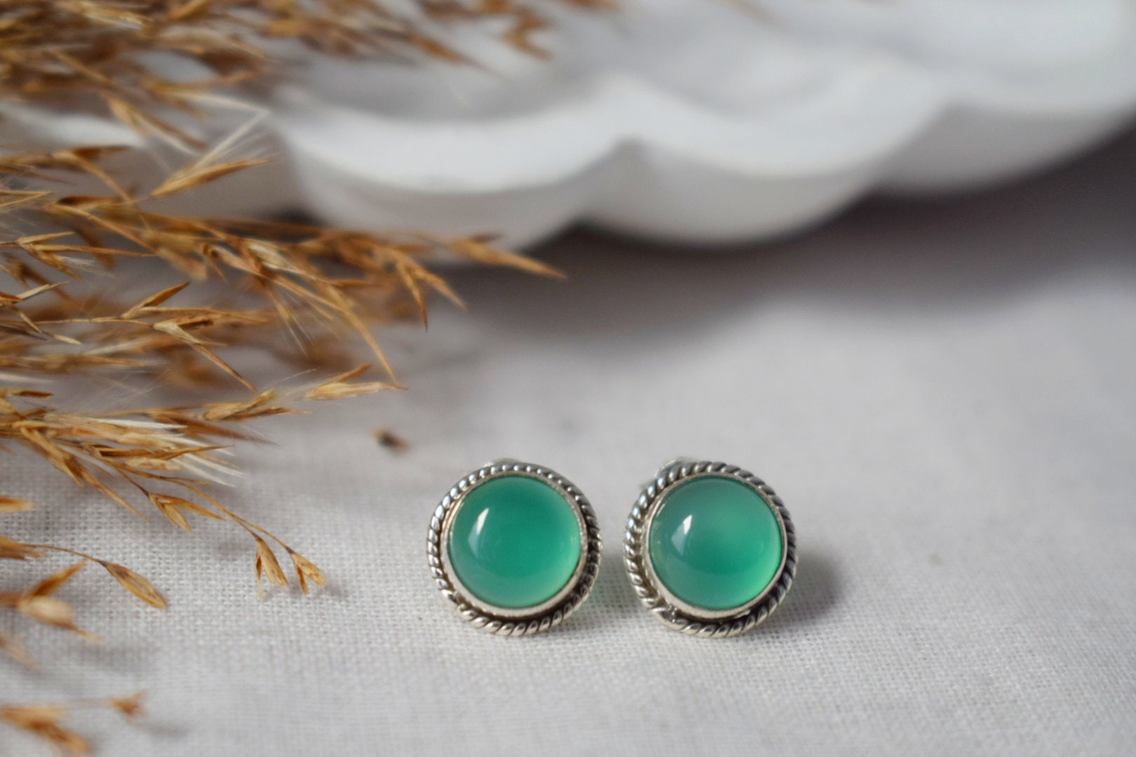 Green Onyx Stud Earrings, Sterling Silver Natural Gemstone Jewelry, Gift for her