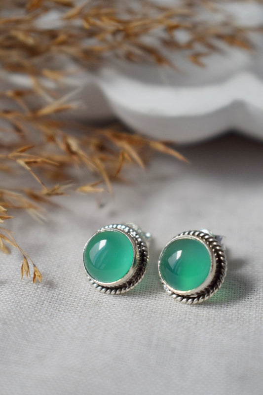 Green Onyx Stud Earrings, Sterling Silver Natural Gemstone Jewelry, Gift for her