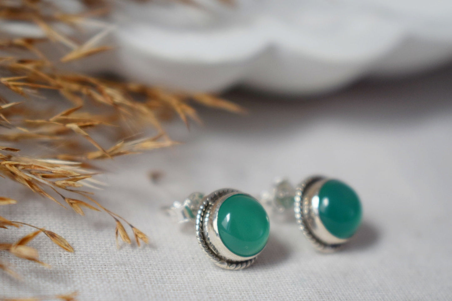 Green Onyx Stud Earrings, Sterling Silver Natural Gemstone Jewelry, Gift for her