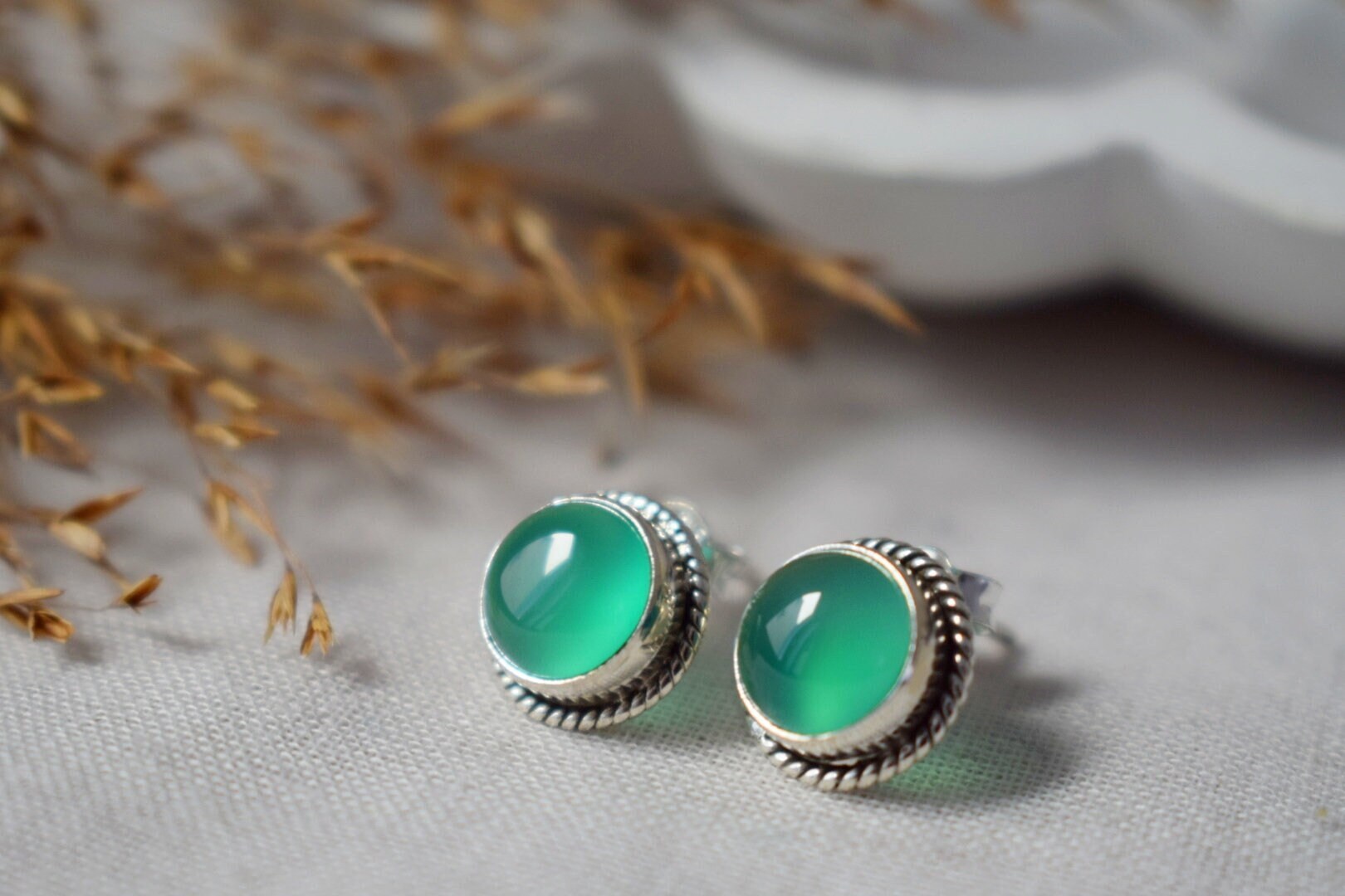 Green Onyx Stud Earrings, Sterling Silver Natural Gemstone Jewelry, Gift for her
