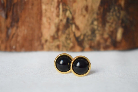 Ohrstecker aus schwarzem Achat, Ohrstecker aus 18 Karat vergoldetem Edelstahl, 10 mm Edelstein-Steckverschlüsse, kleine Ohrstecker, Unisex-Schmuckgeschenk