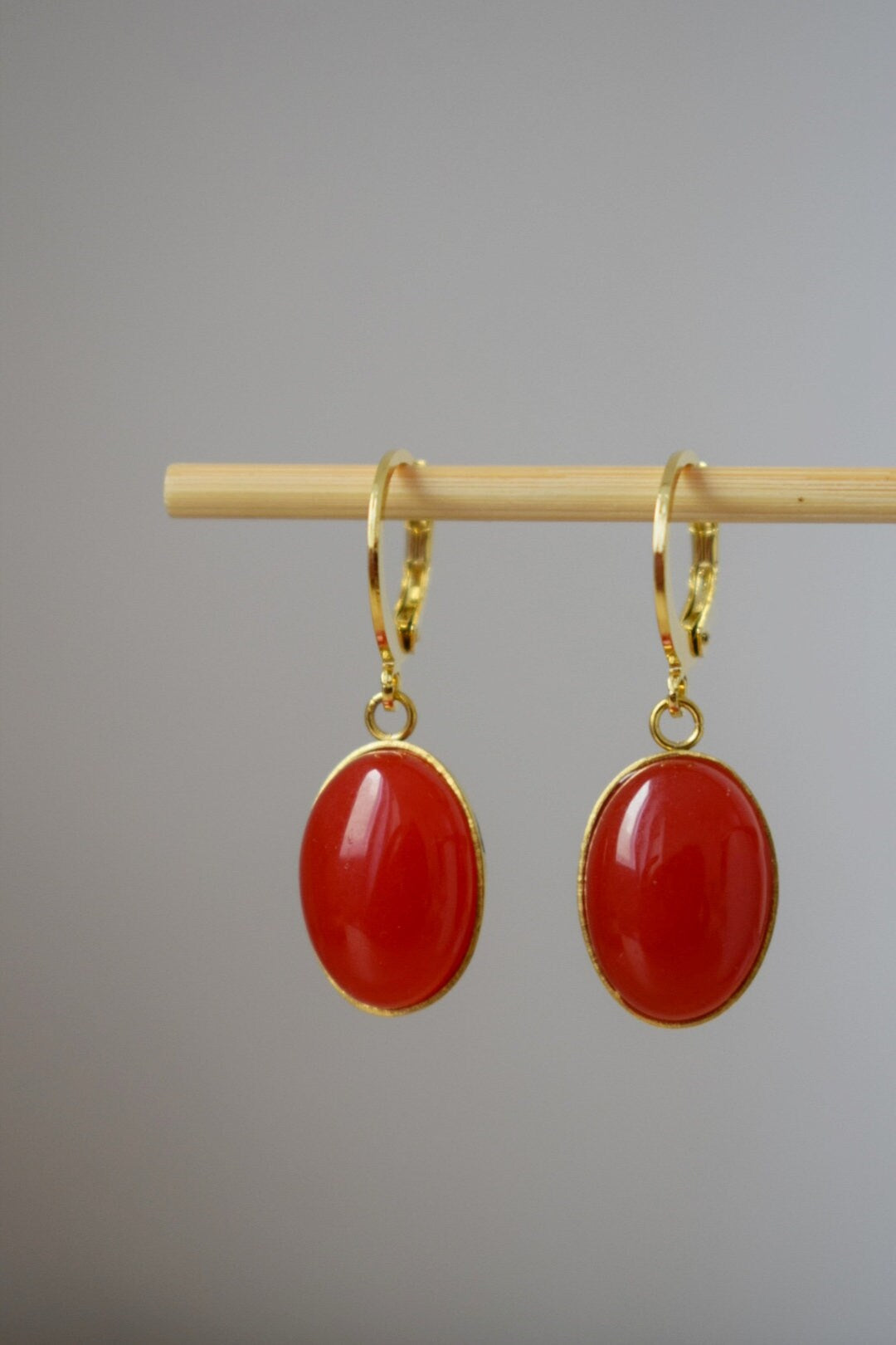 Red Jade Dangle Earrings: Gold Plated Huggie Oval Gemstone Earrings