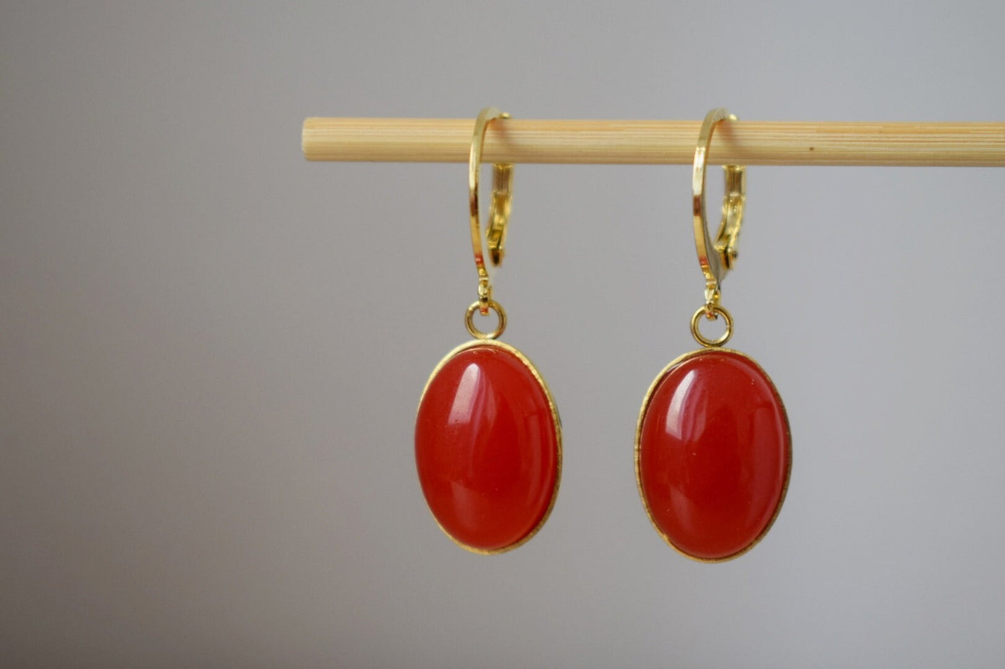 Red Jade Dangle Earrings: Gold Plated Huggie Oval Gemstone Earrings