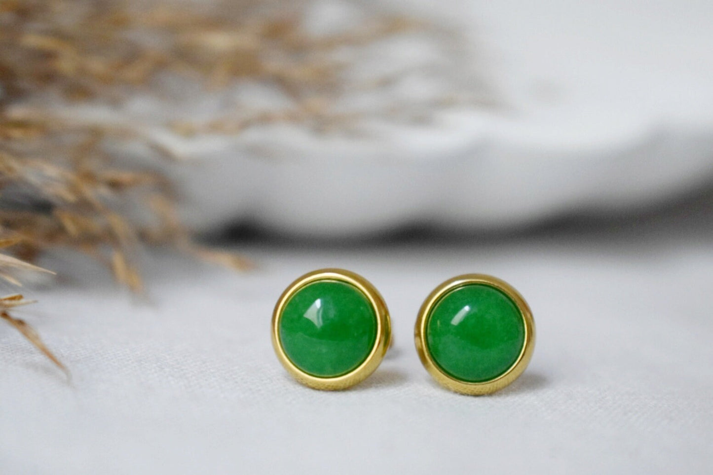 Green Jade Stud Earrings, Minimalist Gemstone Positive Jewelry