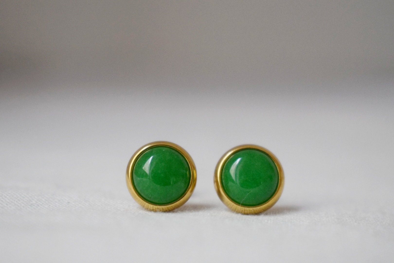Green Jade Stud Earrings, Minimalist Gemstone Positive Jewelry
