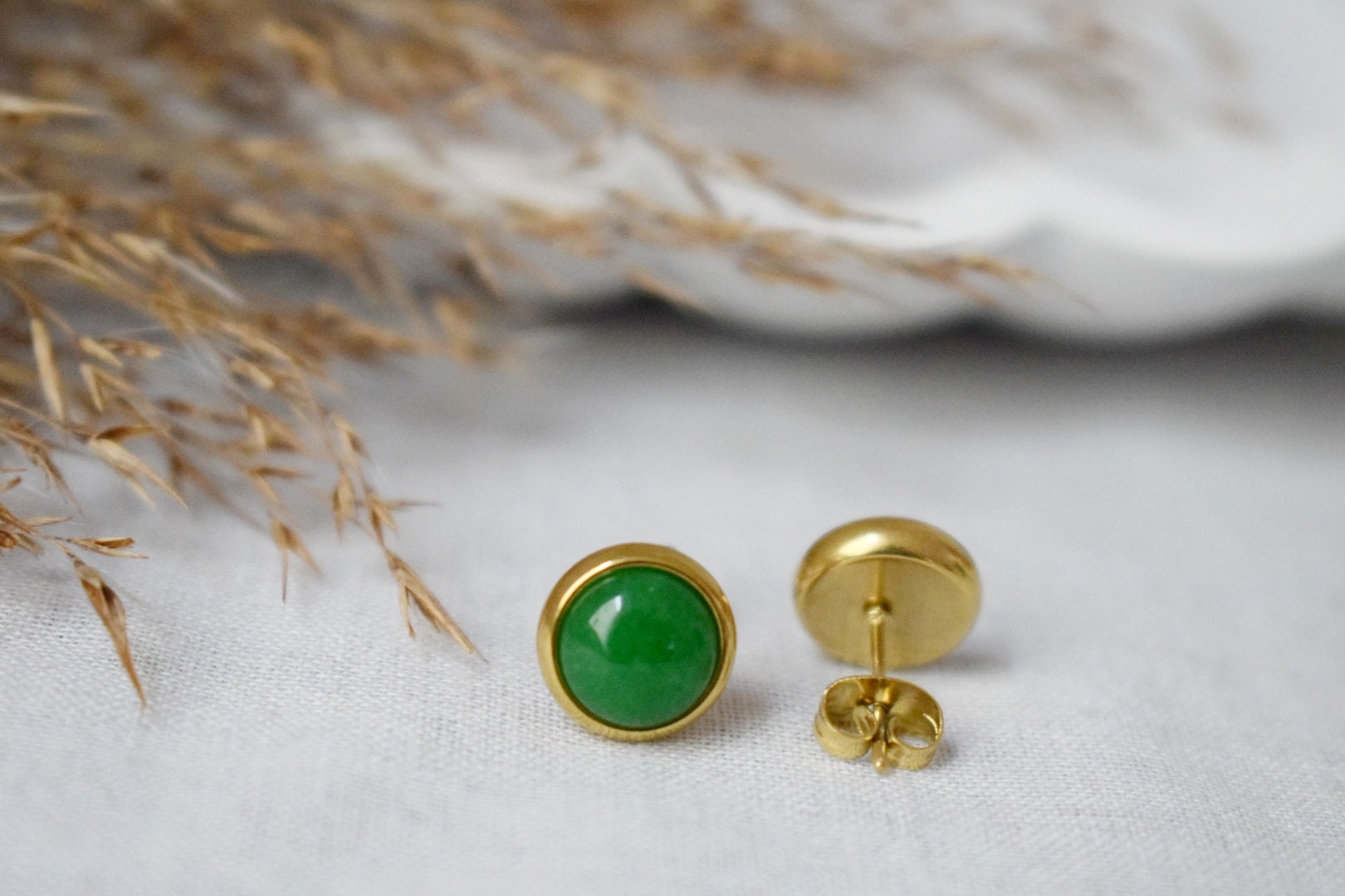 Green Jade Stud Earrings, Minimalist Gemstone Positive Jewelry