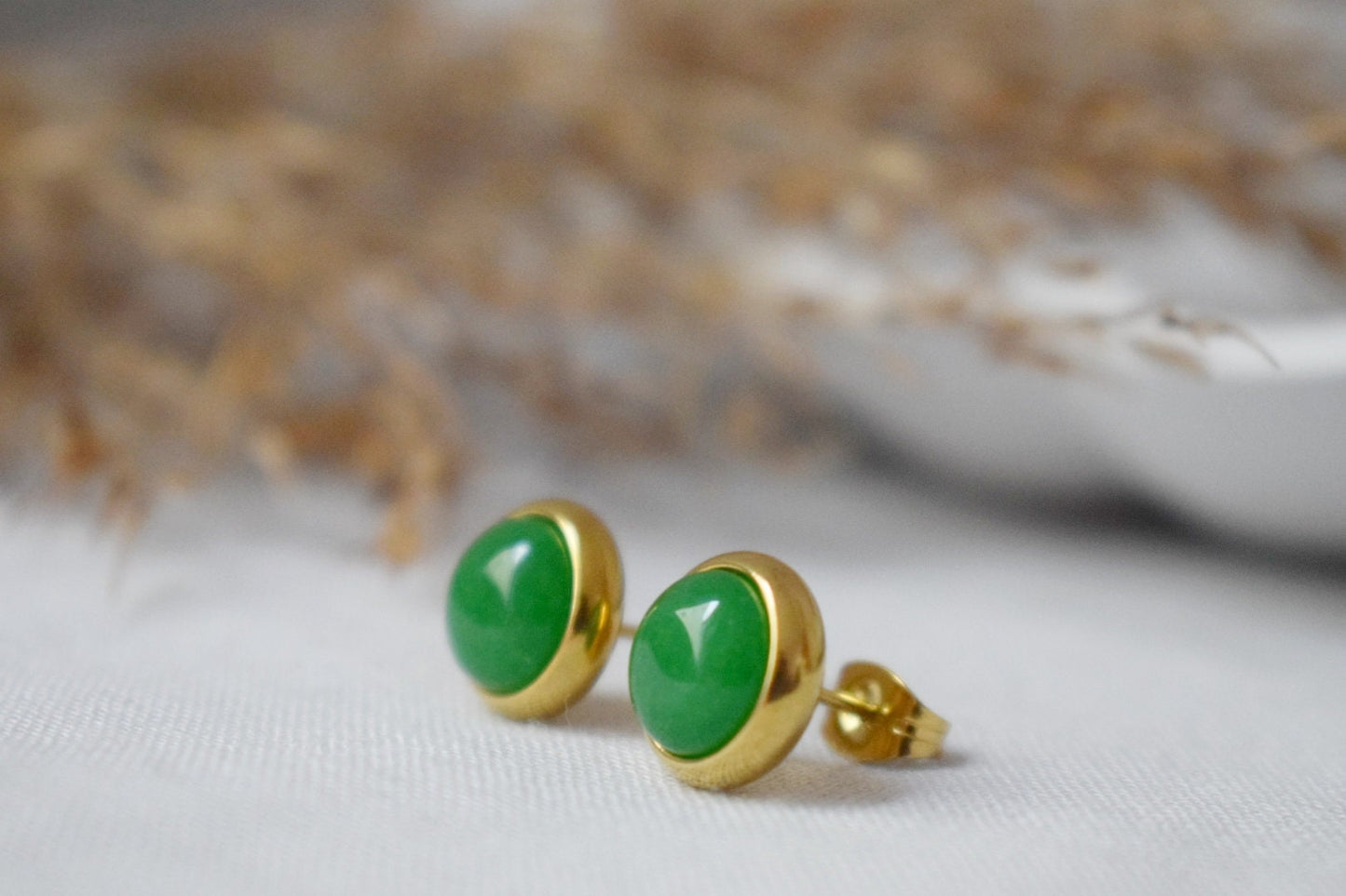 Green Jade Stud Earrings, Minimalist Gemstone Positive Jewelry