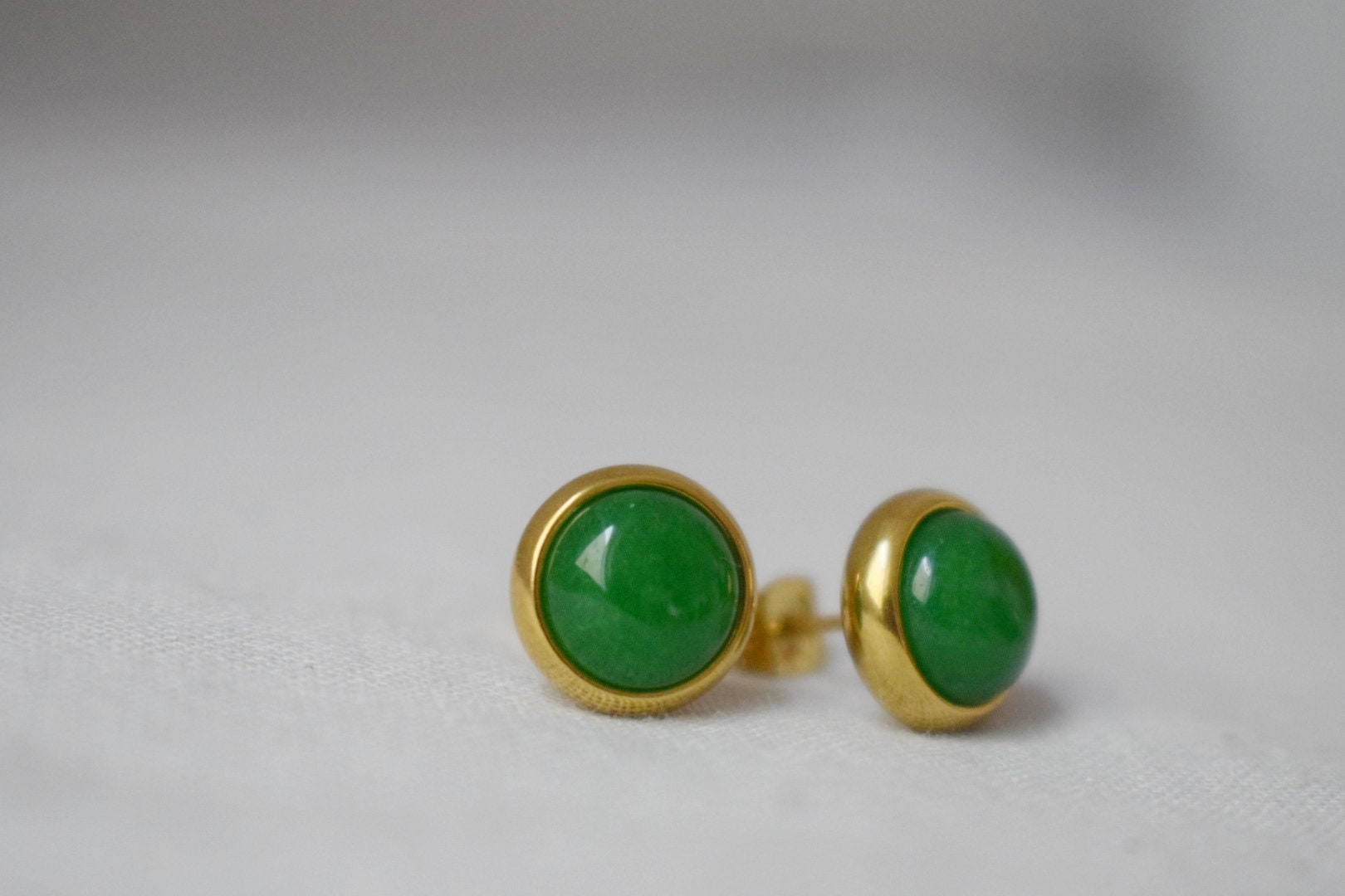 Green Jade Stud Earrings, Minimalist Gemstone Positive Jewelry