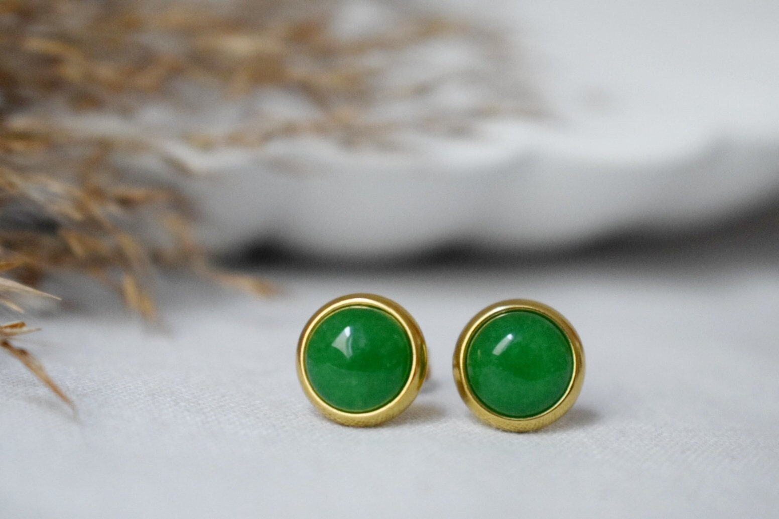 Green Jade Stud Earrings, Minimalist Gemstone Positive Jewelry