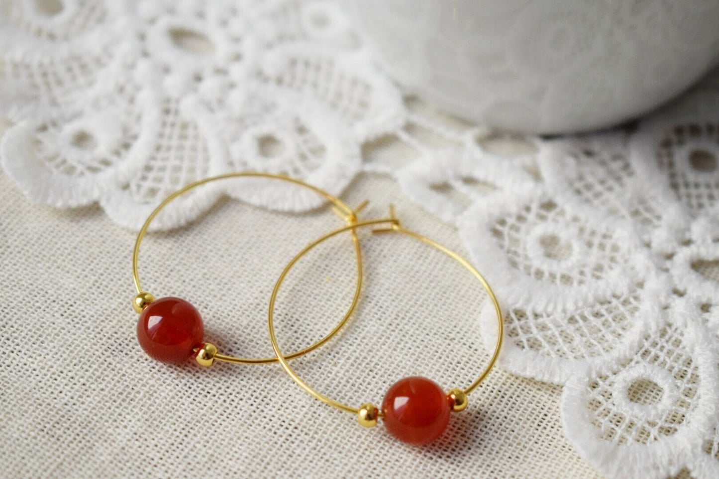 Carnelian Hoop Earrings, 18k Gold Plated Stainless Steel, Boho Style