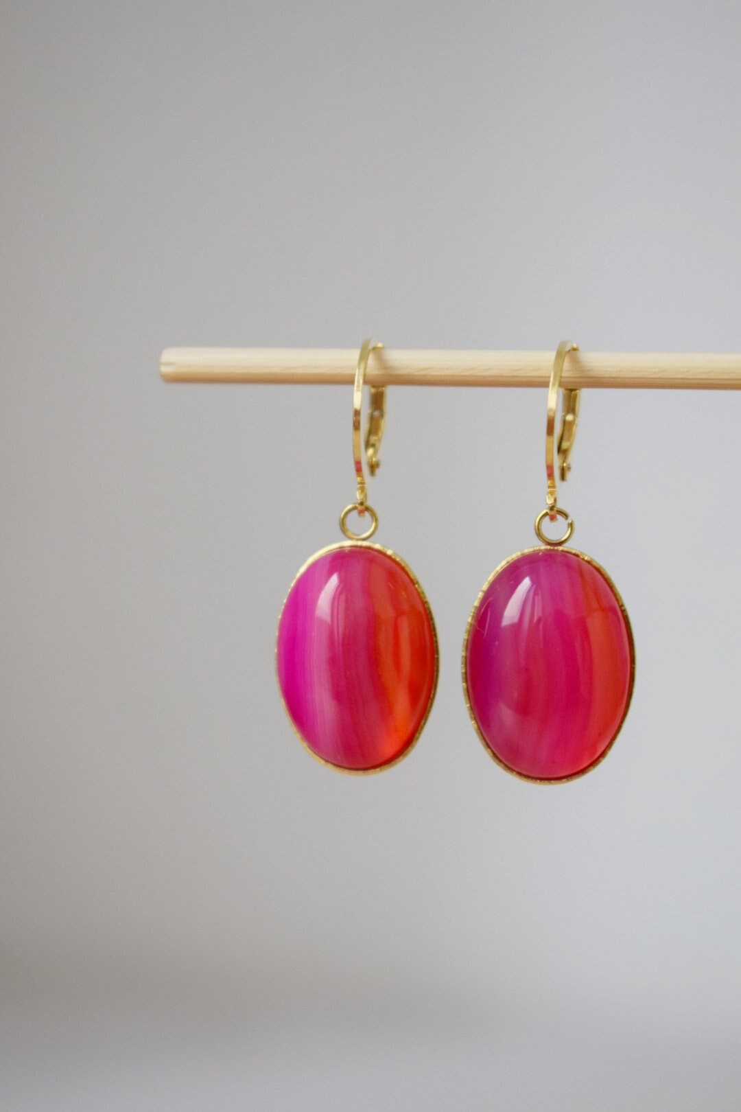 Huggie Earrings Banded Pink Agate, Gemstone Handmade Jewelry, Gift for her