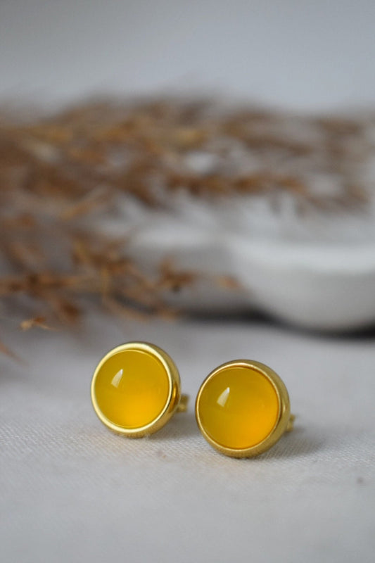 Gelbe Achat 8mm Ohrstecker vergoldet Edelstahl kleine runde Edelstein Ohrringe, Unisex Schmuck GeschenkBestes Weihnachtsgeschenk