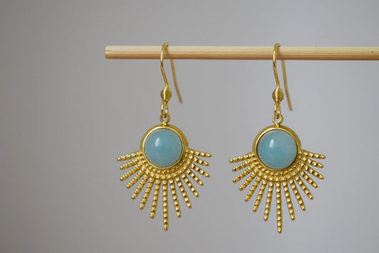 Aquamarin-Quarz-Ohrringe, Sonnenstrahlen-Ohrhänger, Sunburst, Edelstein-Ohrhänger, Himmlischer Schmuck, 18 Karat vergoldeter Edelstahl