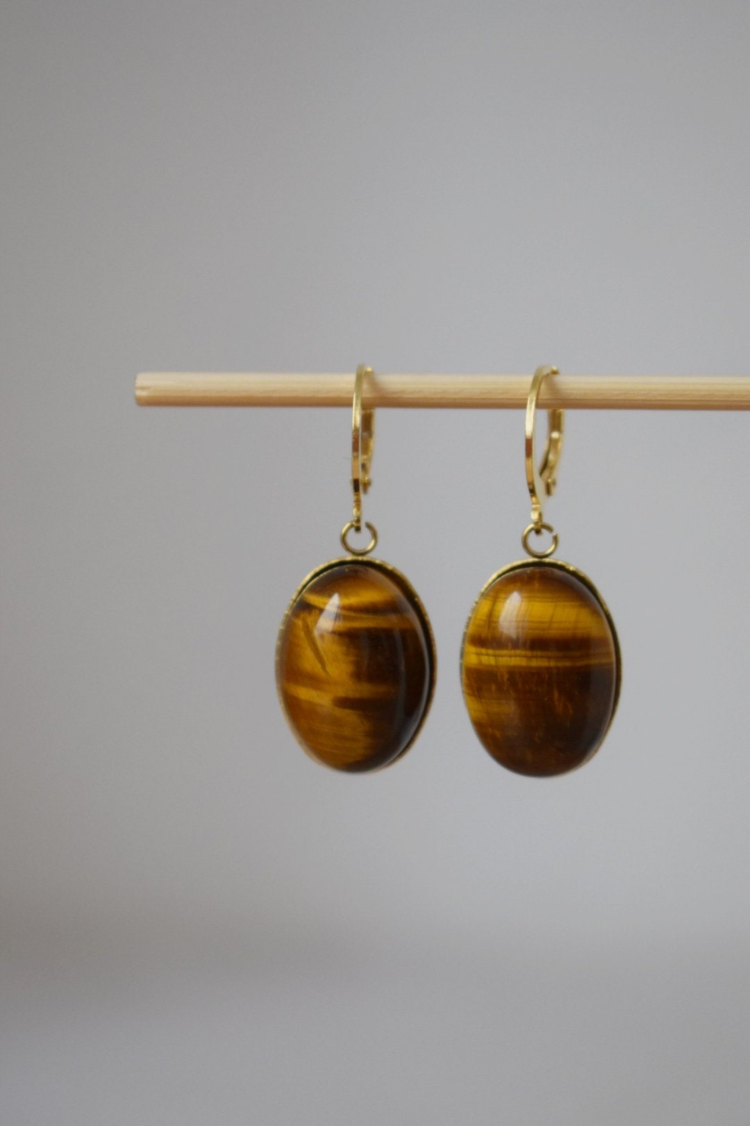 Tiger's Eye Dangle Earrings, Oval gemstone huggie hoops, Gold brown stone, Boho earrings, Unique jewelry, Gift for her